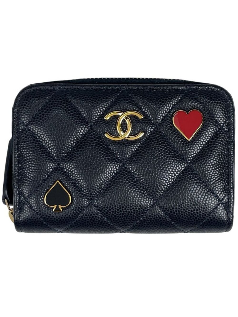 Chanel Coin Purse Quilted CC Logo Round Zip Caviar Leather Navy